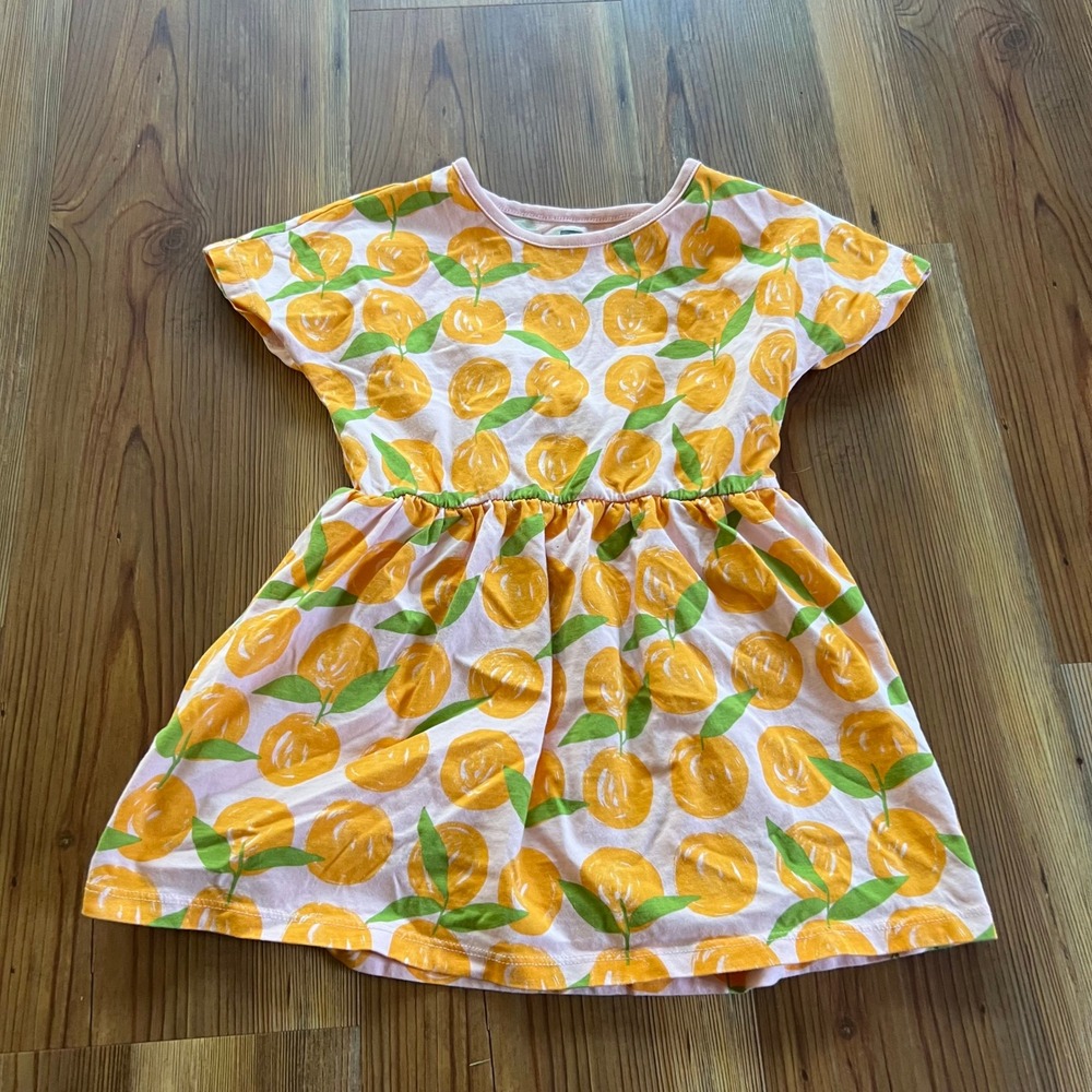 Tea Collection Girls 3T Orange Fruit Print Pink Cotton Short Sleeve Dress